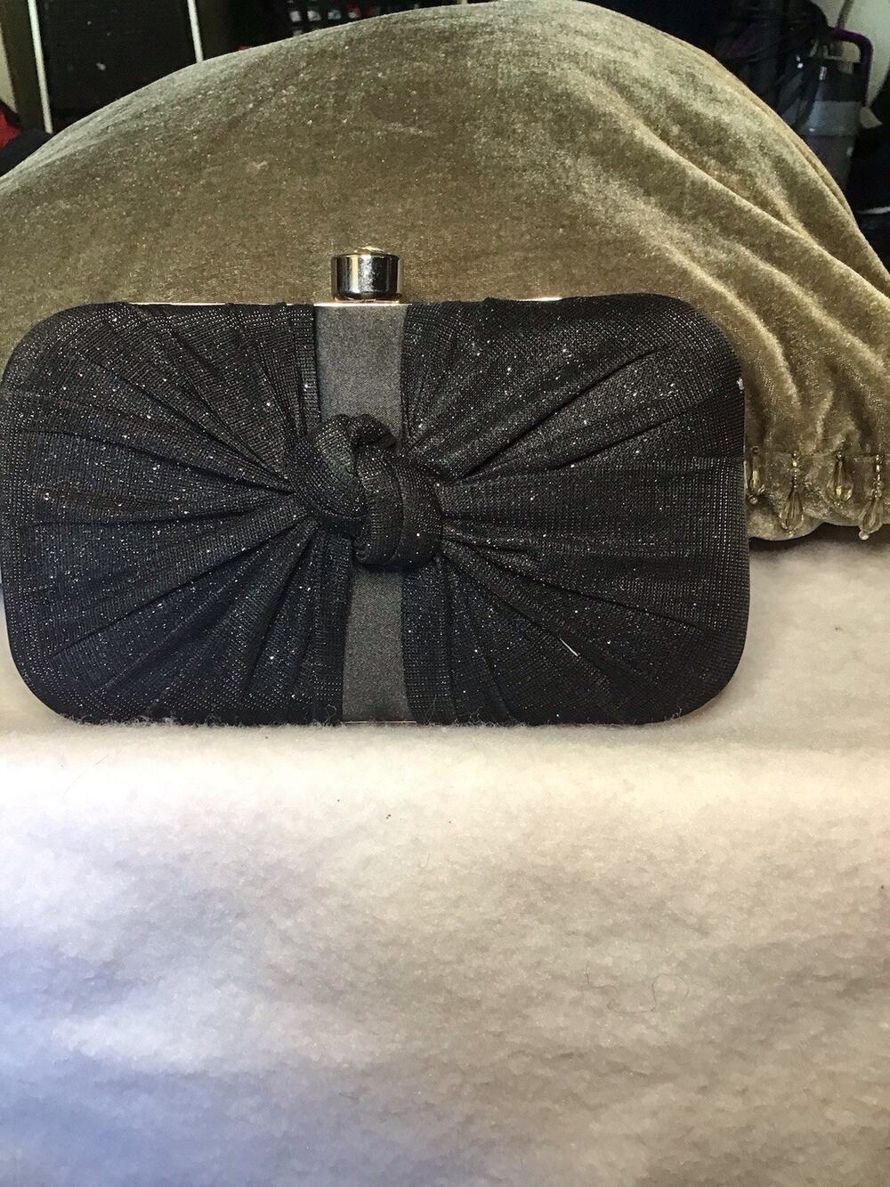 Ava & Lina Black Satin  Clutch  Rhinestone Clasp Chain Starp